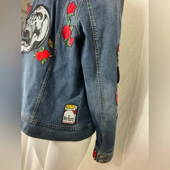 Embellished Patchwork Beaded Denim Jean Jacket Upcycled Jean Jacket Size XXL - Picture 9 of 10